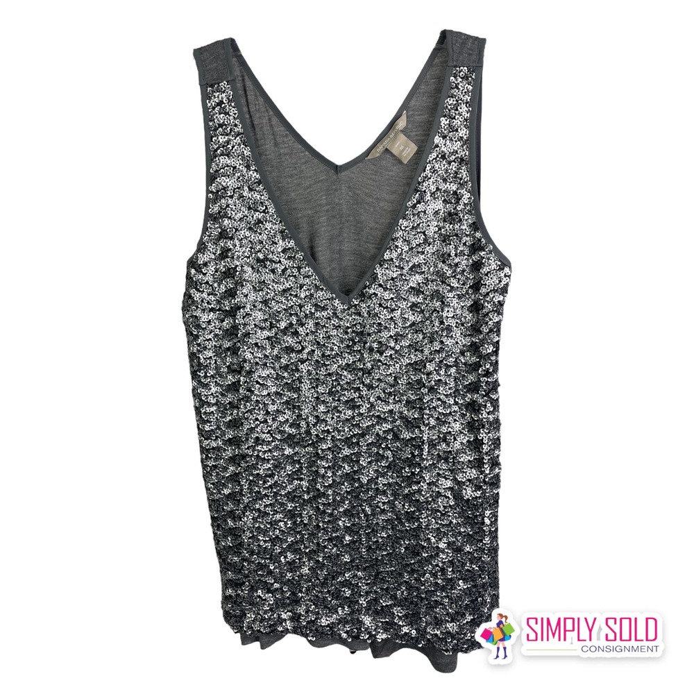 Banana Republic Women's Sleeveless Silver And Gray Sequins V-Neck Tank Top Sz MP